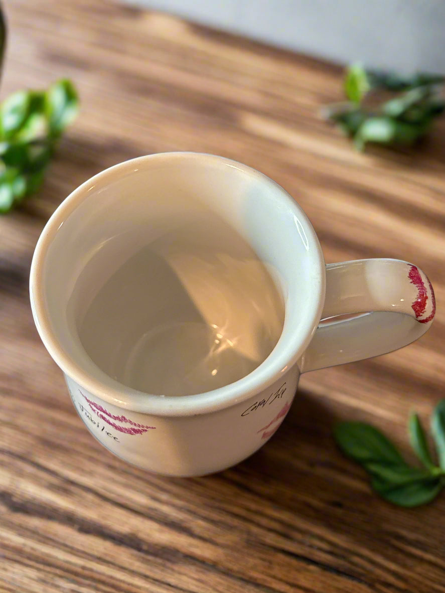 Mary K Lips Coffee Cup Mug 4 3/8" Tall White, Pink & Red