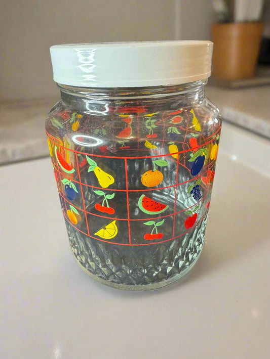 Vintage 1970s Canister Jar w/ Fruit Pattern KIG Indonesia Glass Lovely Country Cottage Decor