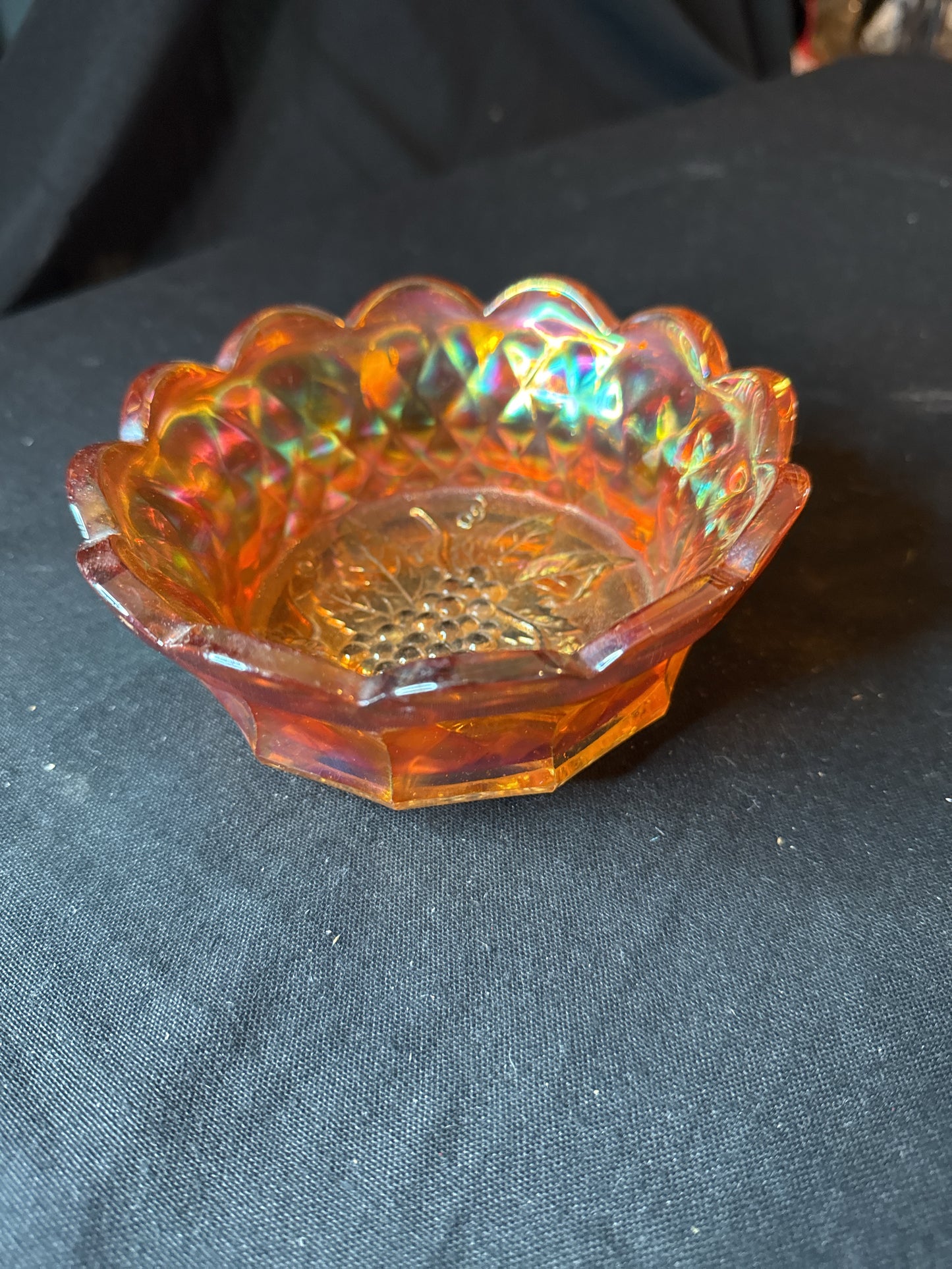 Vintage Fenton Carnival Glass Scalloped Candy Dish Grape Vine Design 6" x 2.5"