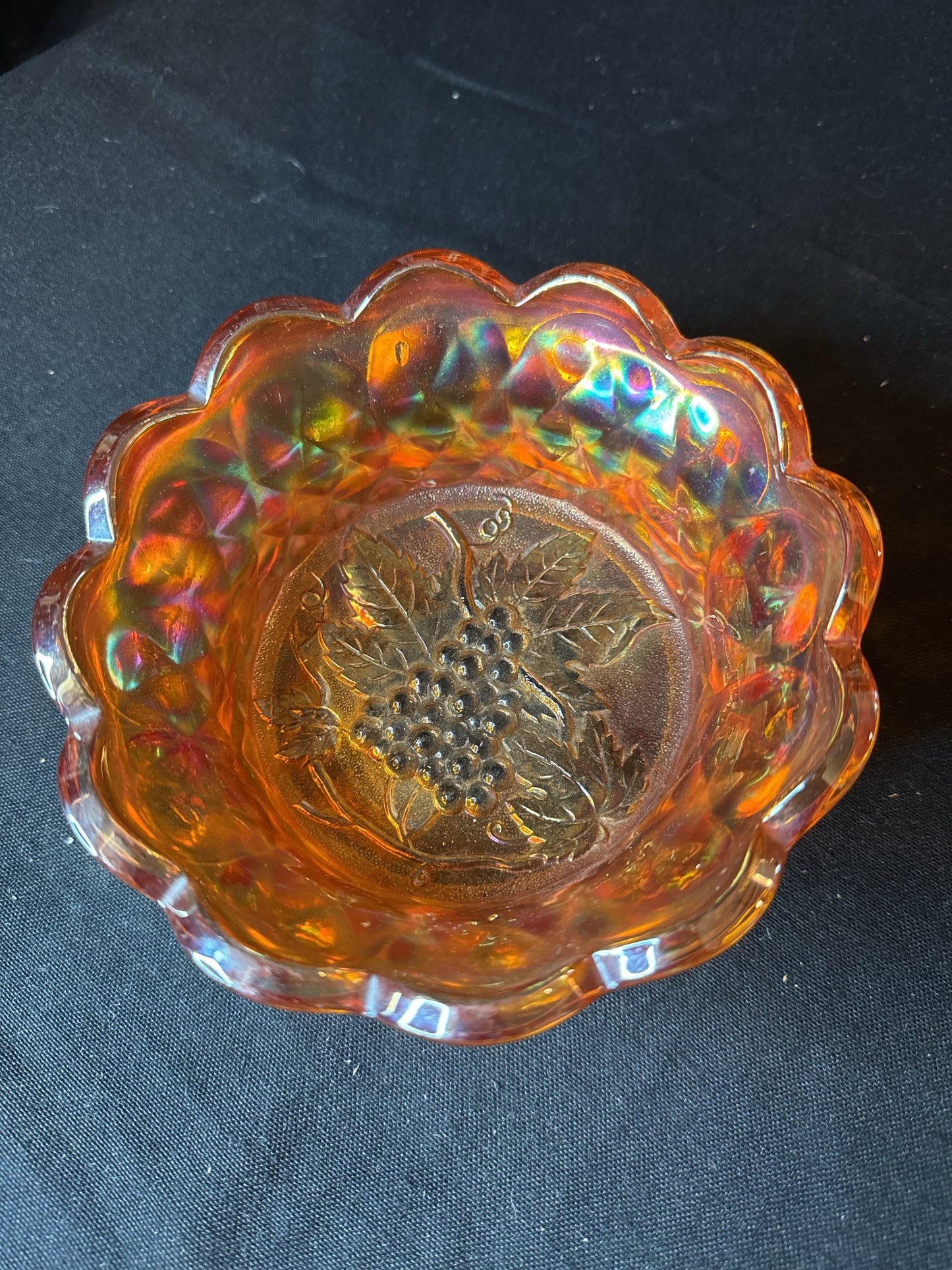 Vintage Fenton Carnival Glass Scalloped Candy Dish Grape Vine Design 6" x 2.5"