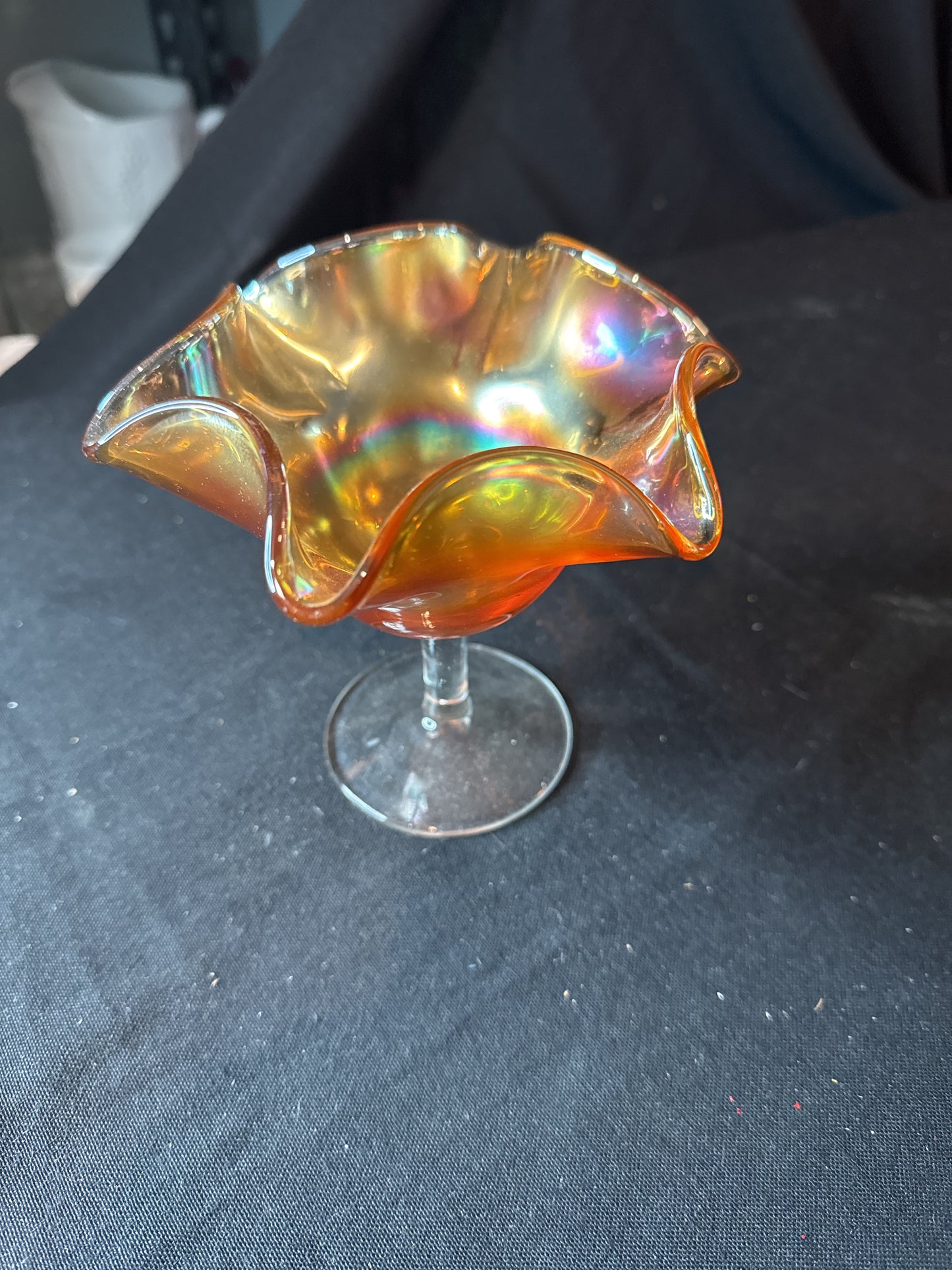 Vintage Iridescent Marigold Carnival Glass Candy Nut Compote Ruffled Dish 6" W x 5.25" T