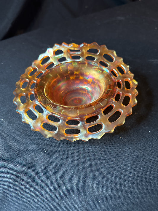 Fenton Carnival Glass Marigold Open Lace Bowl w/ Curved Edge Basket Weave Pattern 6" W