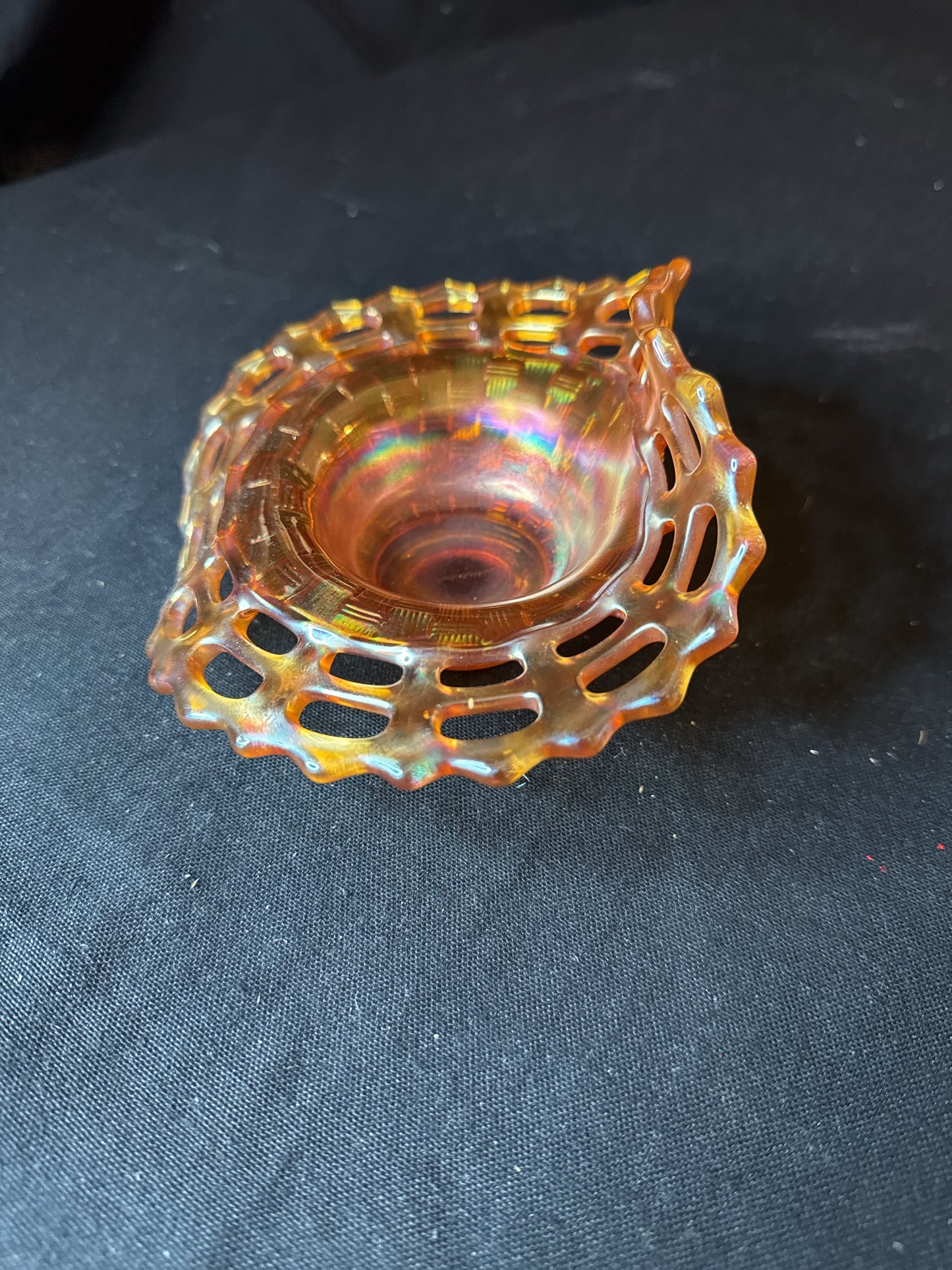 Fenton Carnival Glass Marigold Open Lace Bowl w/ Curved Edge Basket Weave Pattern 6" W