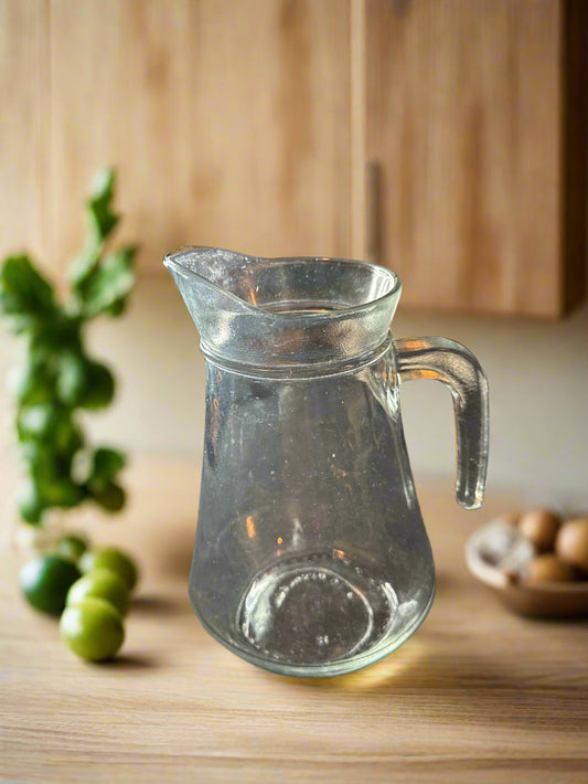 Vintage Kig Indonesia Clear/Frosted Glass Carafe Pitcher 8.5" Tall