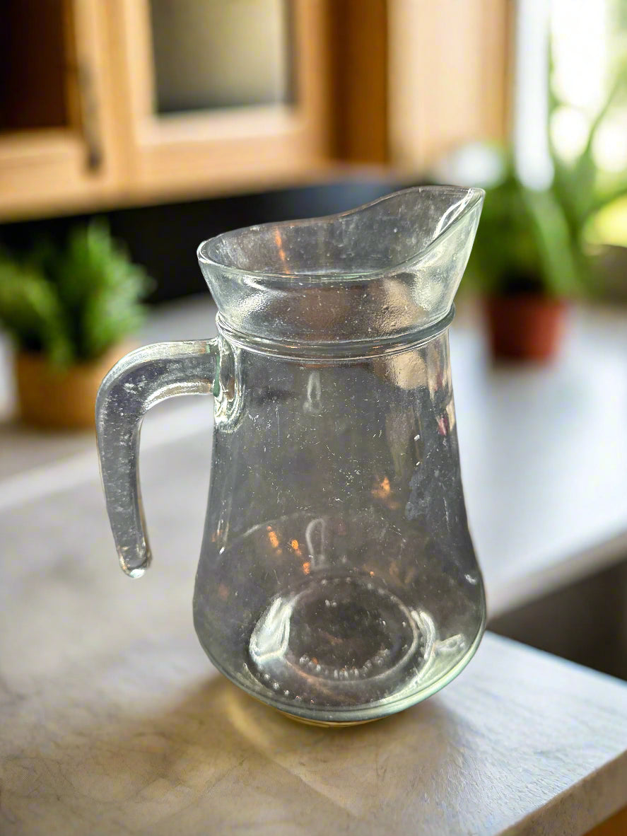 Vintage Kig Indonesia Clear/Frosted Glass Carafe Pitcher 8.5" Tall