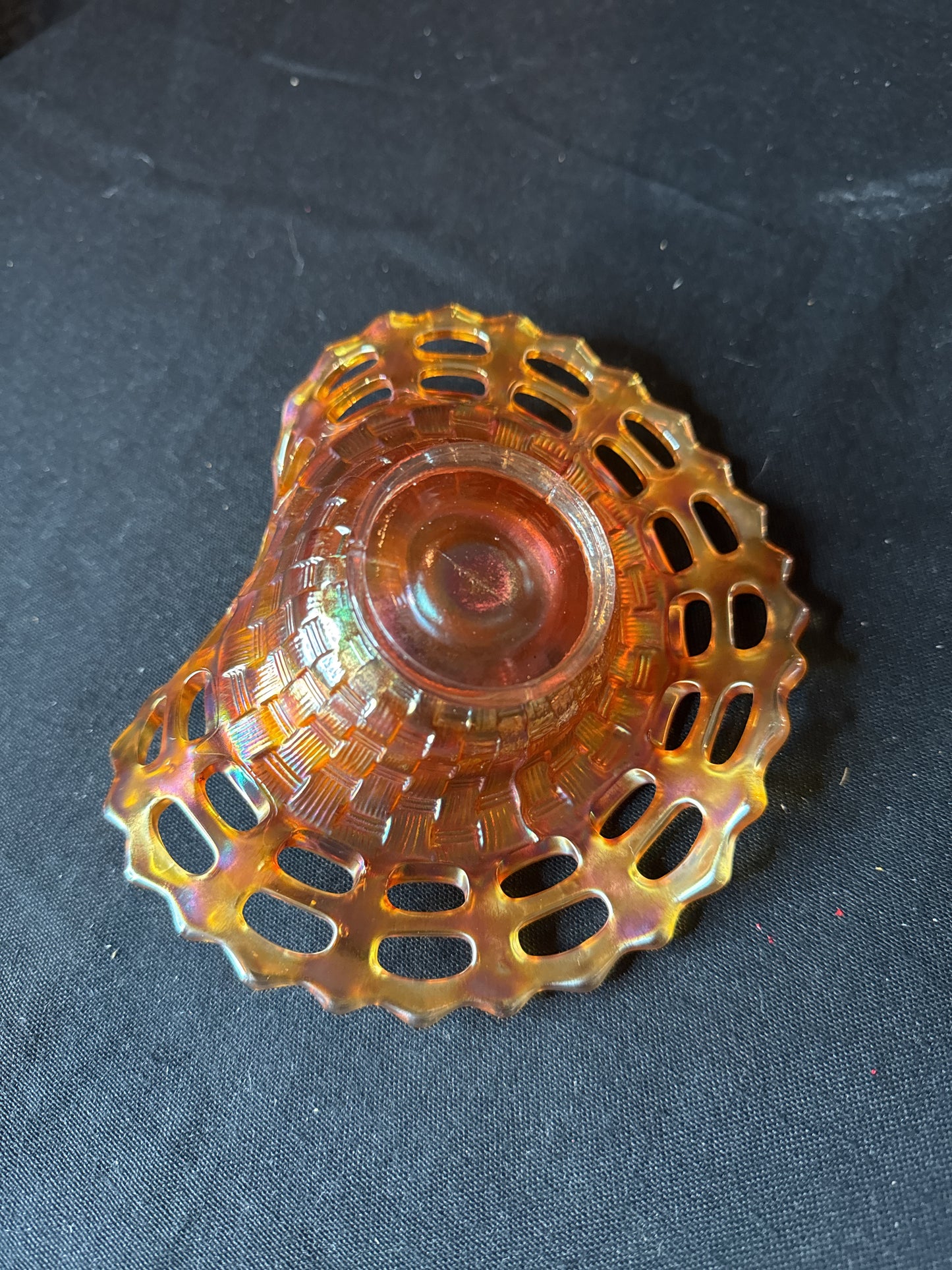 Fenton Carnival Glass Marigold Open Lace Bowl w/ Curved Edge Basket Weave Pattern 6" W