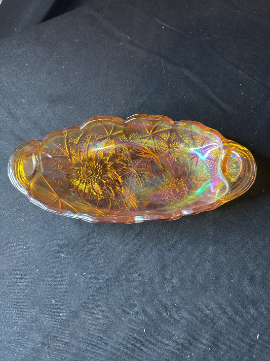 Vintage Iridescent Marigold Carnival Glass Oval Celery Dish w/ Closed Handles 9.5" Long