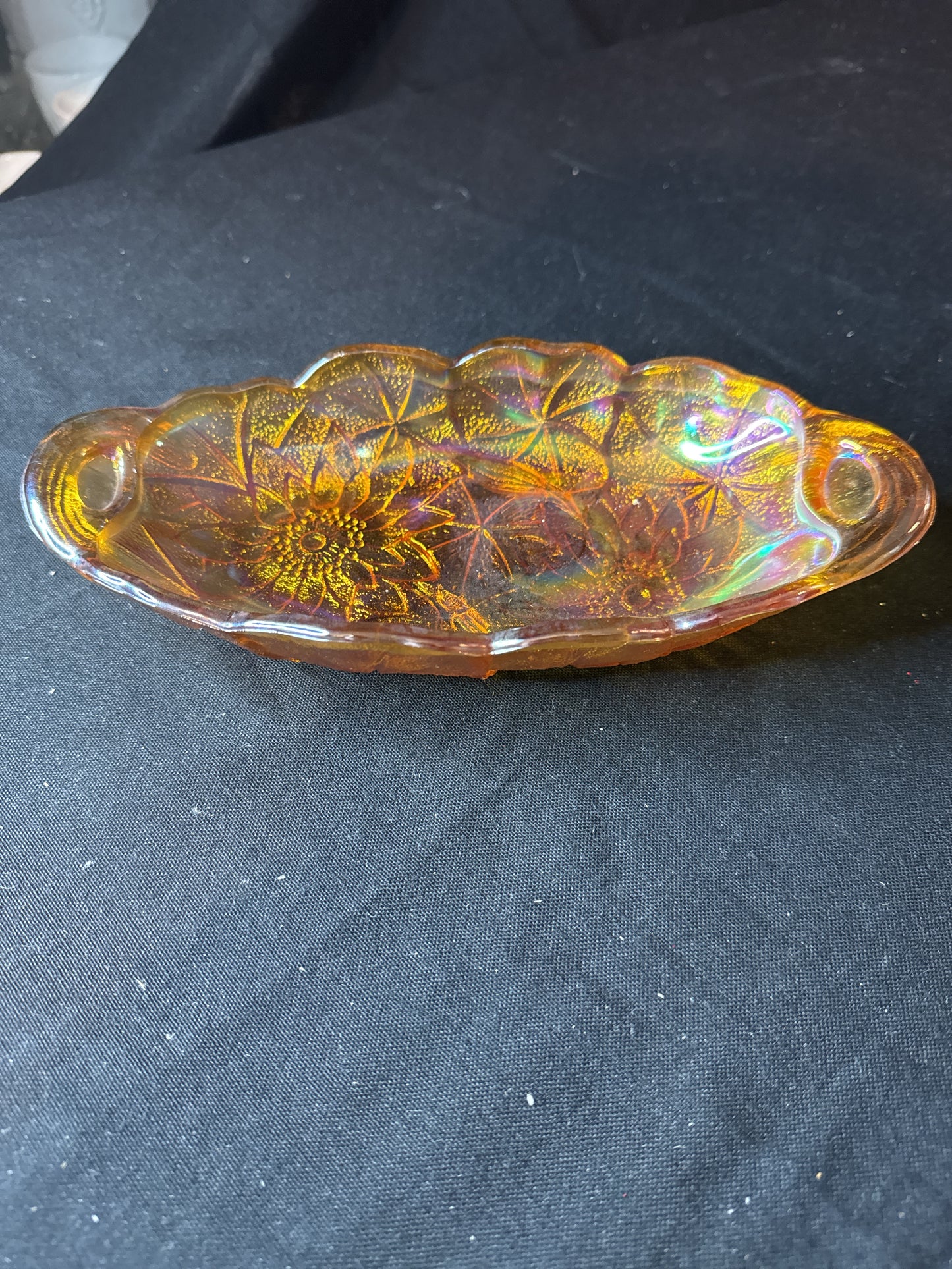 Vintage Iridescent Marigold Carnival Glass Oval Celery Dish w/ Closed Handles 9.5" Long