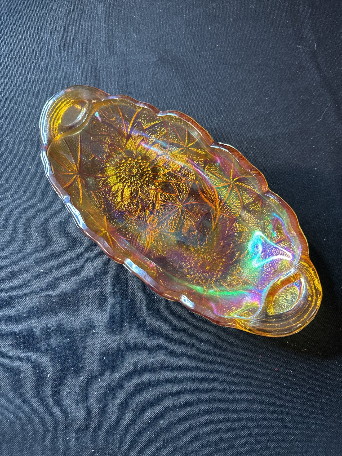 Vintage Iridescent Marigold Carnival Glass Oval Celery Dish w/ Closed Handles 9.5" Long