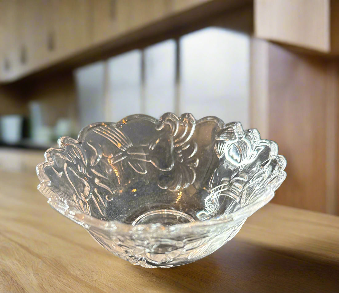 Large Clear Glass Fruit Bowl With 6 Small Fruit Cups Embossed Flowers On All