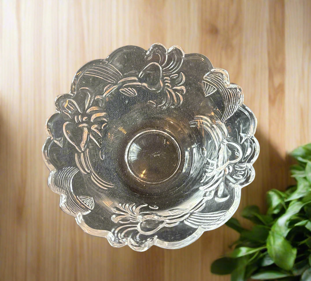 Large Clear Glass Fruit Bowl With 6 Small Fruit Cups Embossed Flowers On All