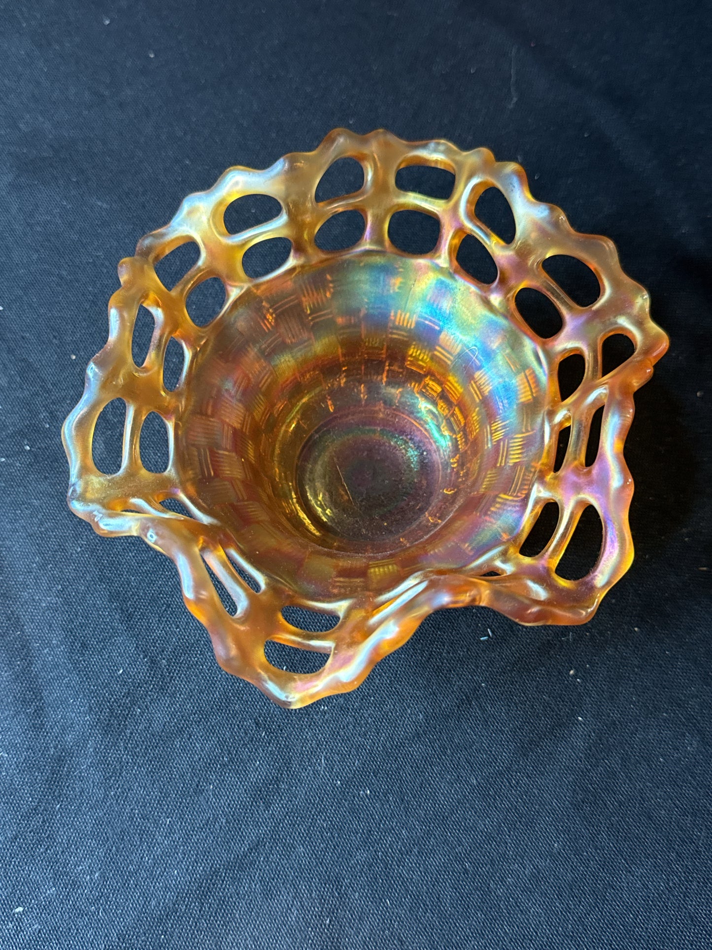 Antique Fenton Open Edge Basketweave Marigold Iridescence 5.5" Wide x 3" Tall