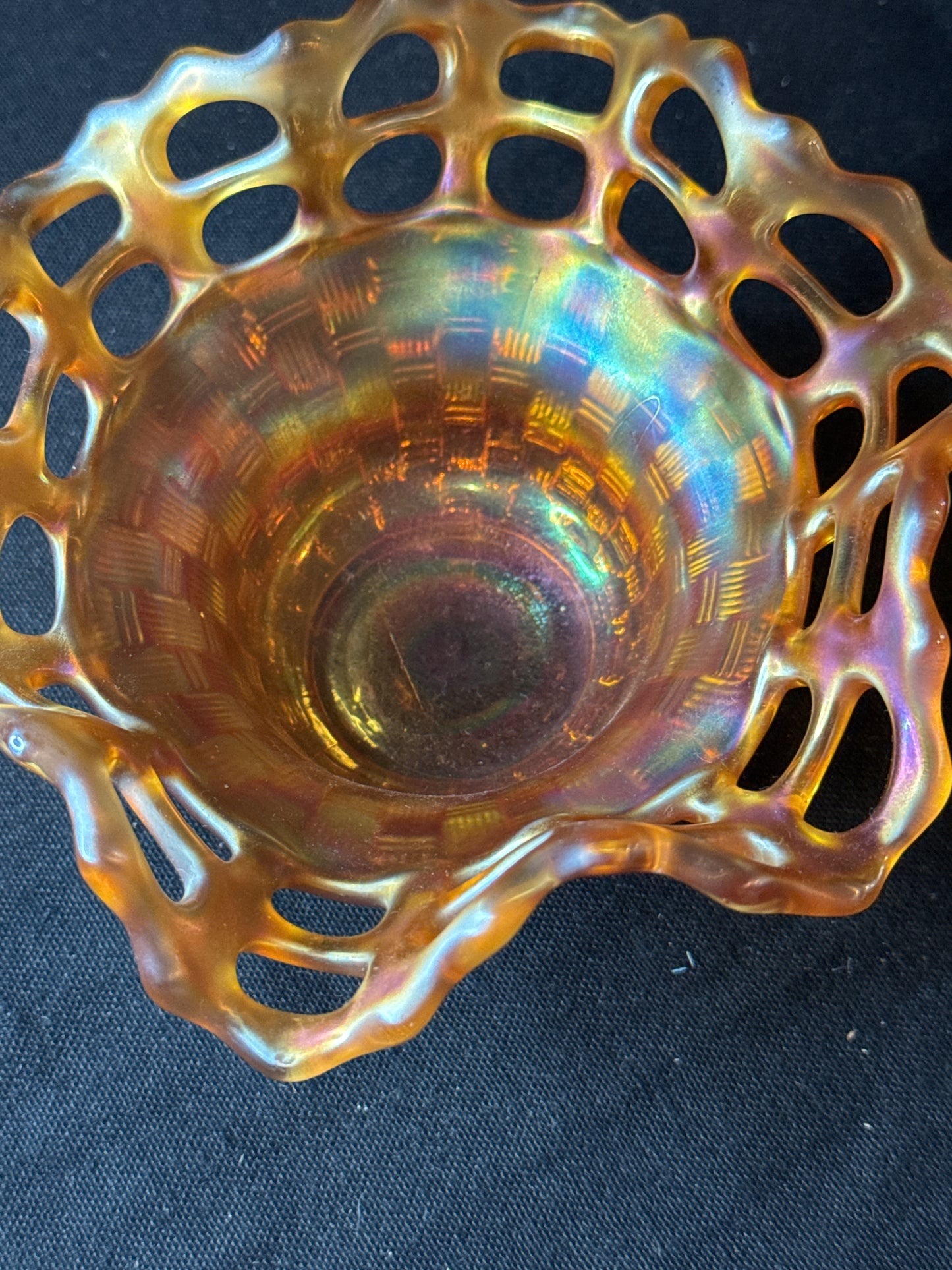 Antique Fenton Open Edge Basketweave Marigold Iridescence 5.5" Wide x 3" Tall