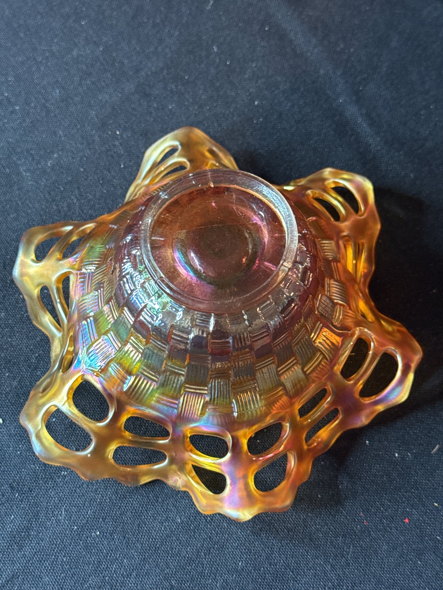 Antique Fenton Open Edge Basketweave Marigold Iridescence 5.5" Wide x 3" Tall