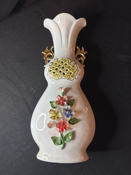 Large 14" Porcelain Vase with 3D Flowers and Honeycomb center and Handles