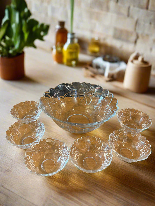Large Clear Glass Fruit Bowl With 6 Small Fruit Cups Embossed Flowers On All