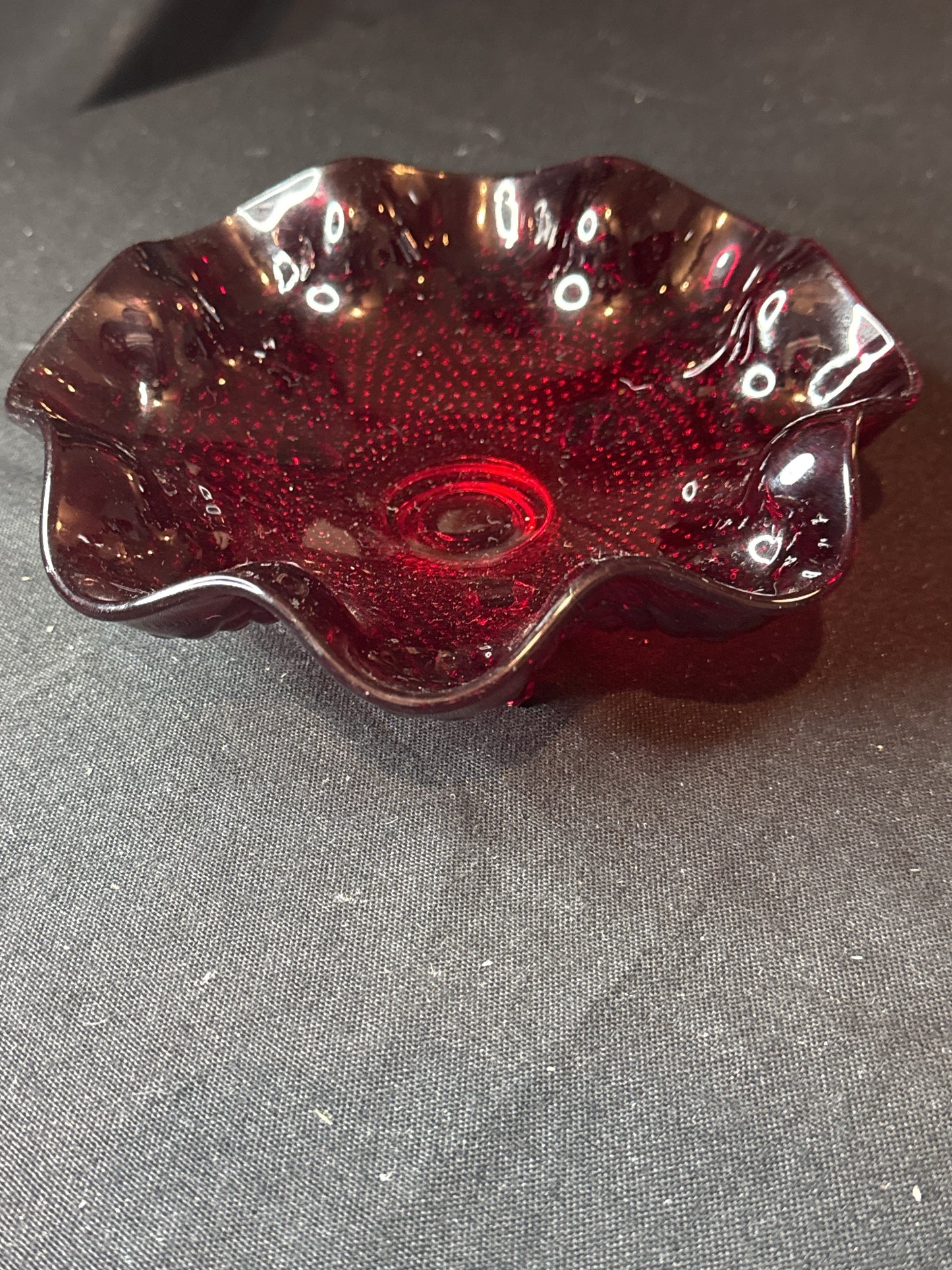 Vintage Fenton Ruby Red Glass Candy Dish Three Footed Hobnail 7" wide