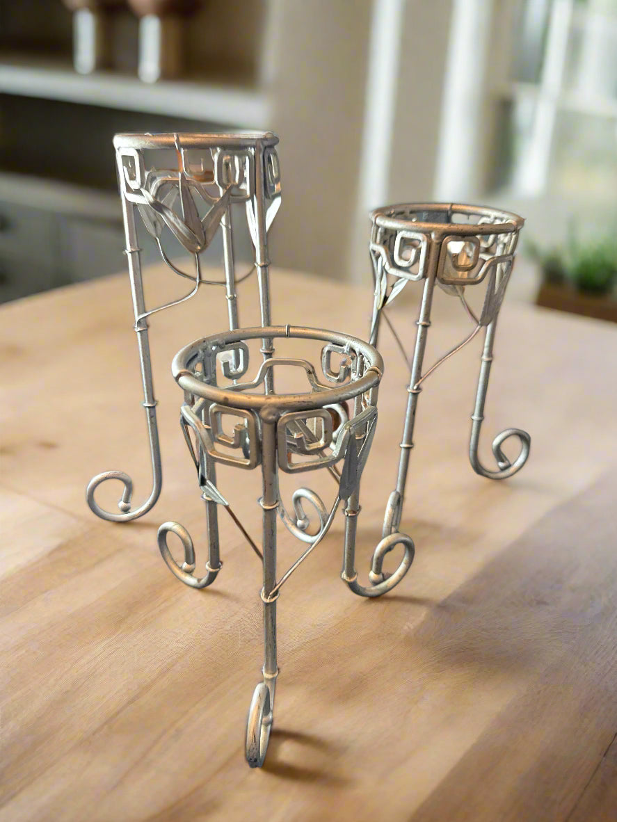 Set of 3 Arts & Crafts Style Silver Tone Wrought Iron Candle Holders. 11.5",  9.5", 7.75" Tall