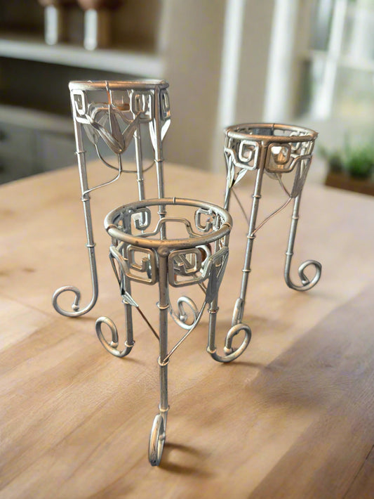 Set of 3 Arts & Crafts Style Silver Tone Wrought Iron Candle Holders. 11.5",  9.5", 7.75" Tall