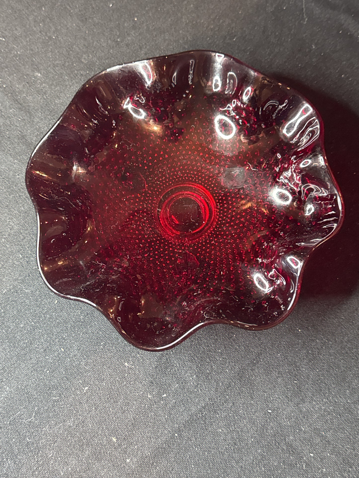 Vintage Fenton Ruby Red Glass Candy Dish Three Footed Hobnail 7" wide