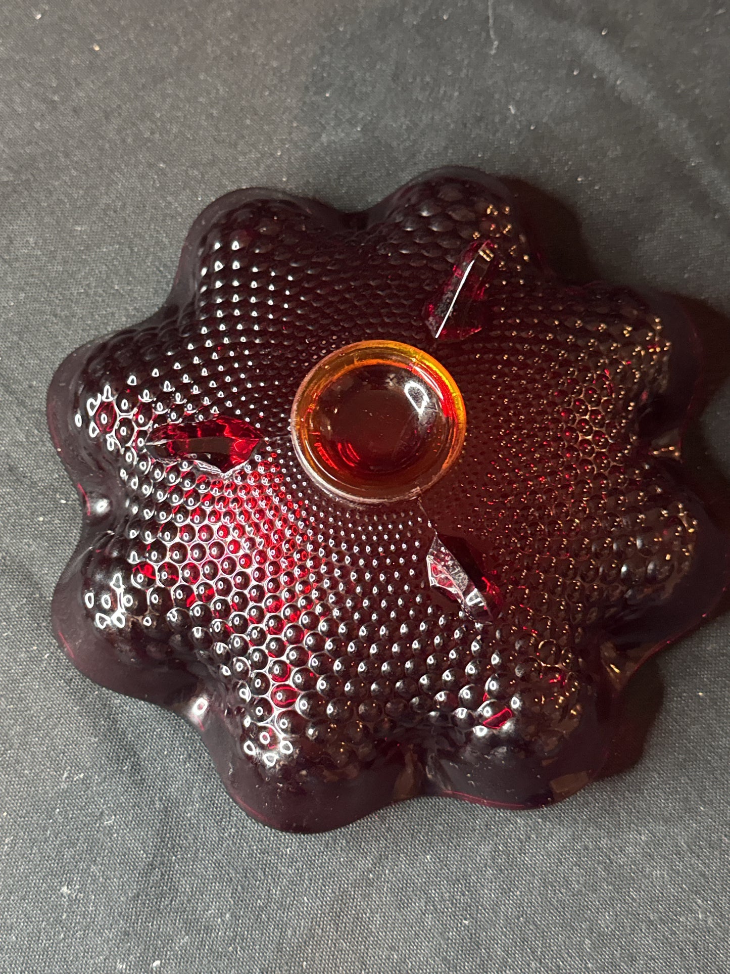 Vintage Fenton Ruby Red Glass Candy Dish Three Footed Hobnail 7" wide