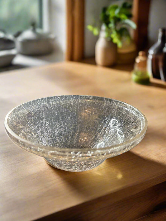 Crackle Glass Bowl for Floating Candles or Serving Dish 8.25" Wide x 3.75" Tall