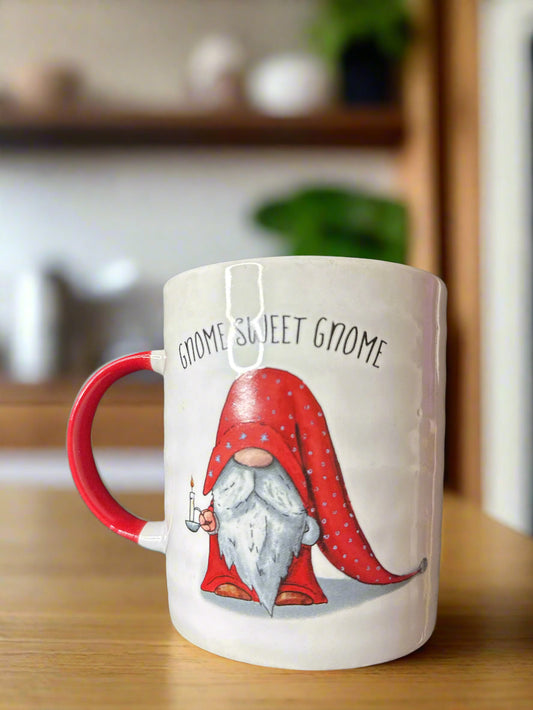 Oversized Large Gnome Sweet Gnome Red/White Coffee Cup Mug 4 5/8" Tall Prima Design
