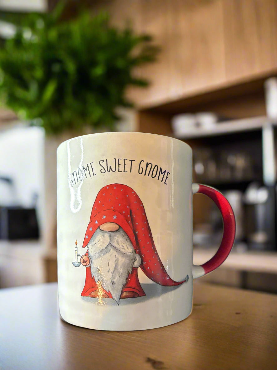 Oversized Large Gnome Sweet Gnome Red/White Coffee Cup Mug 4 5/8" Tall Prima Design
