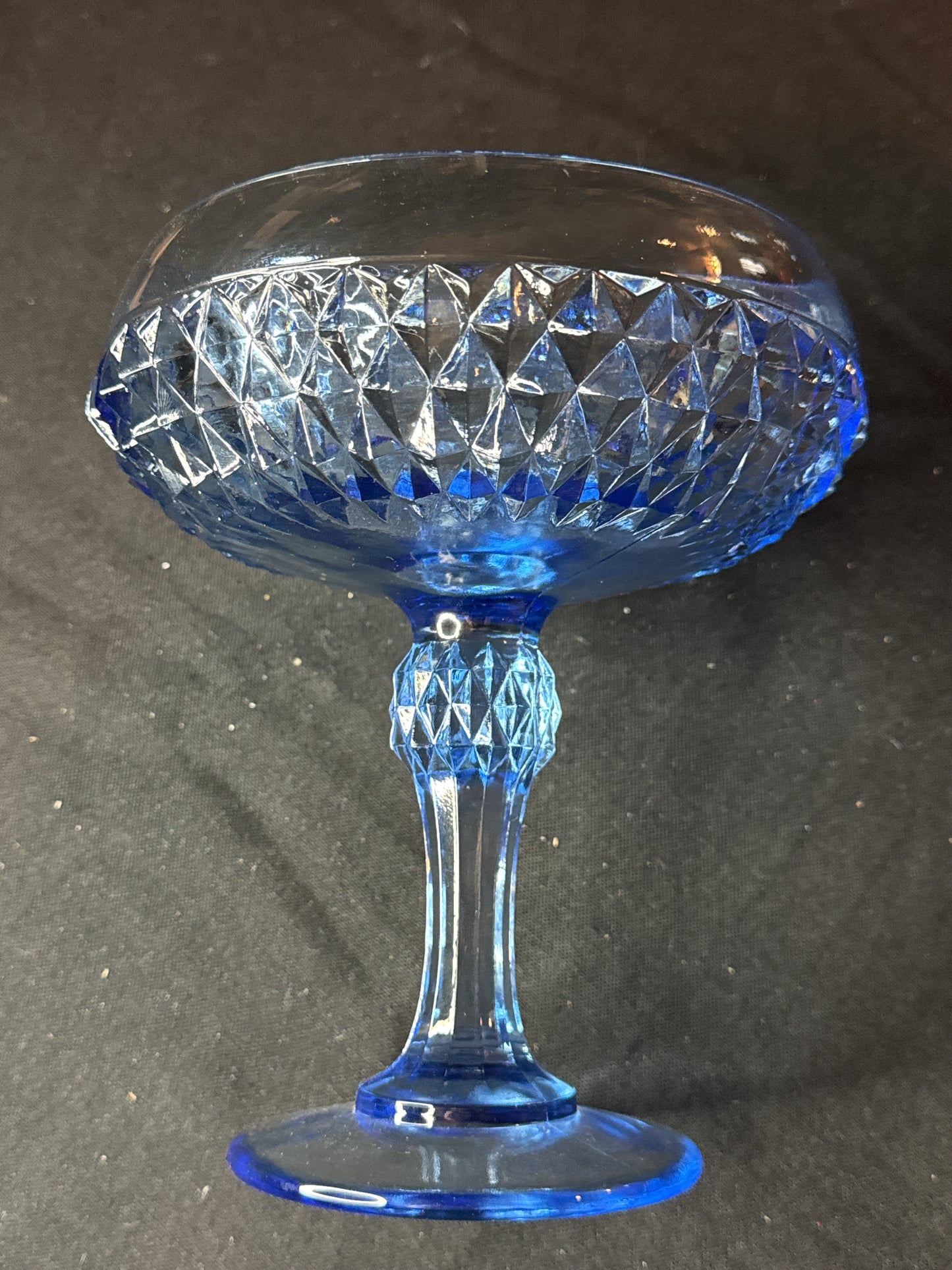 Vintage 1960s Blue Pedestal Compote Glass Dish Diamond Point Blue Hobnail 7.5" Tall