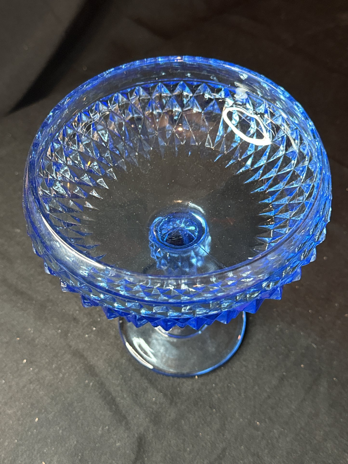 Vintage 1960s Blue Pedestal Compote Glass Dish Diamond Point Blue Hobnail 7.5" Tall