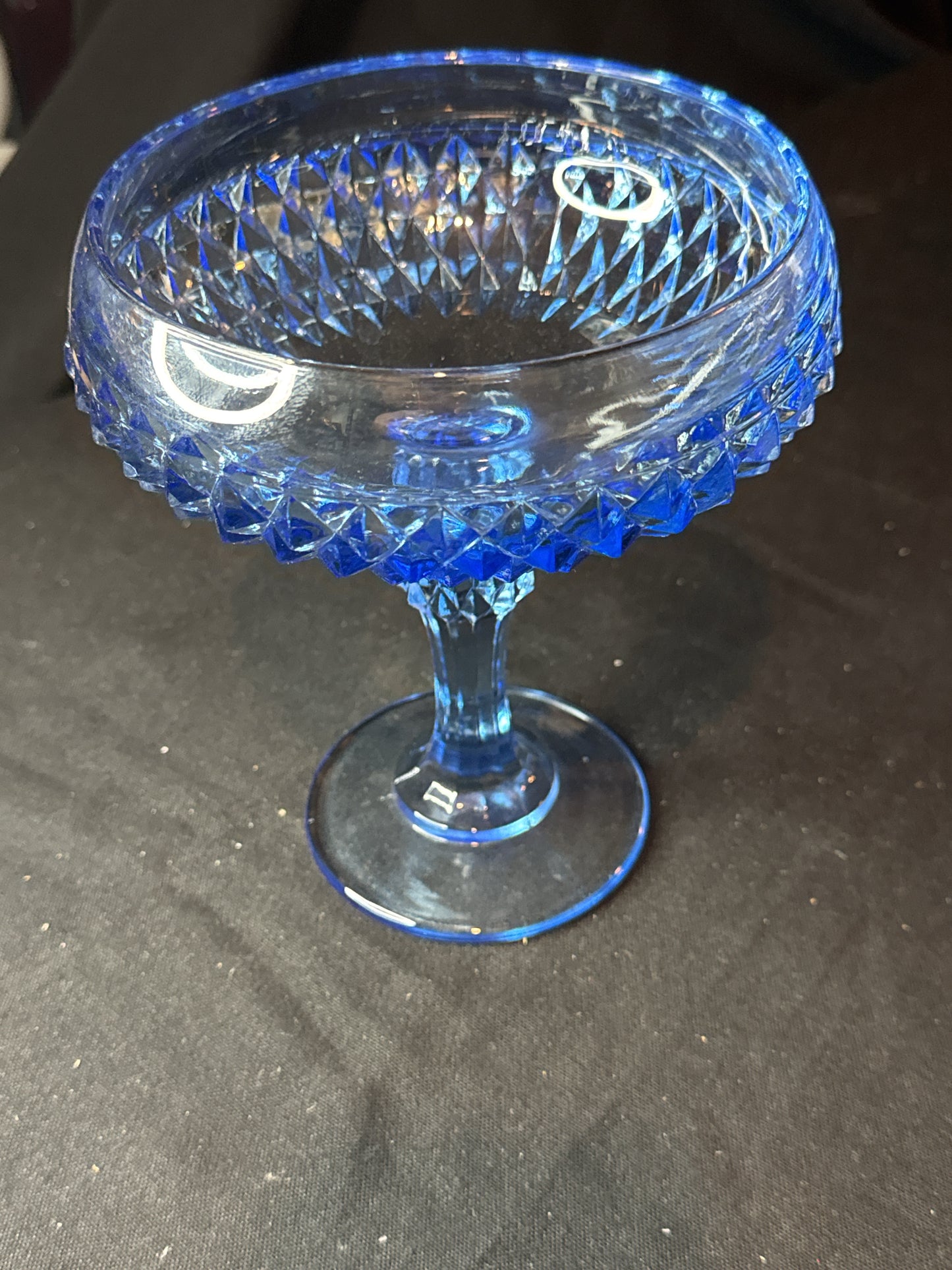 Vintage 1960s Blue Pedestal Compote Glass Dish Diamond Point Blue Hobnail 7.5" Tall