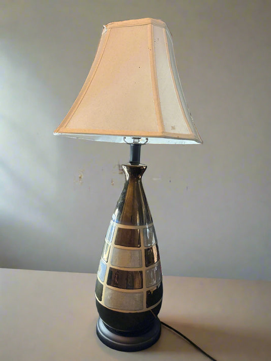 Mid Century Porcelain Shiny Brass Color Iridescent White Checkered Lamp With Shade