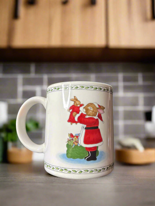 Vintage Susan LaBelle 1986 Christmas Mug Santa Bunny Rabbit & Toys 3 5/8" Tall