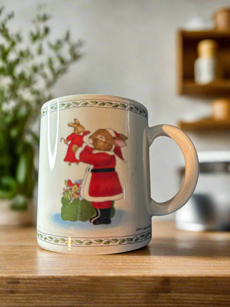 Vintage Susan LaBelle 1986 Christmas Mug Santa Bunny Rabbit & Toys 3 5/8" Tall