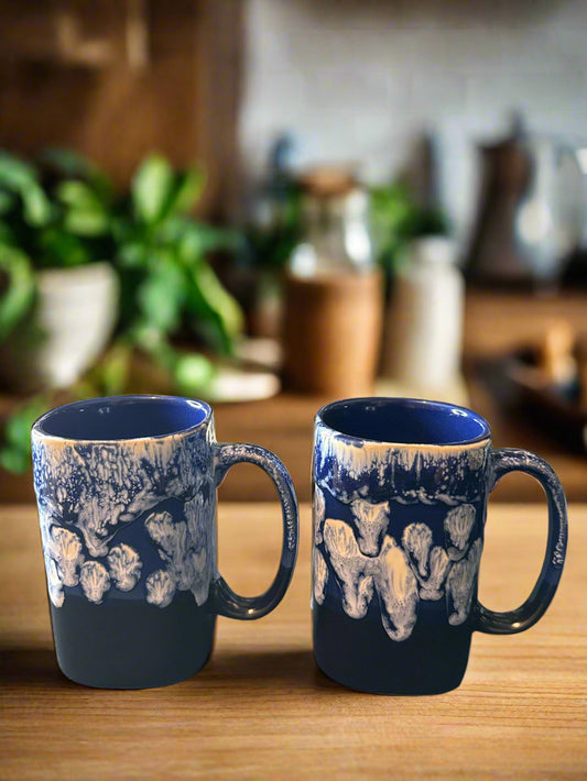 Pair of Todays Home Blue/White Drip Glaze Giant Coffee Cups Mugs 5" Tall Square