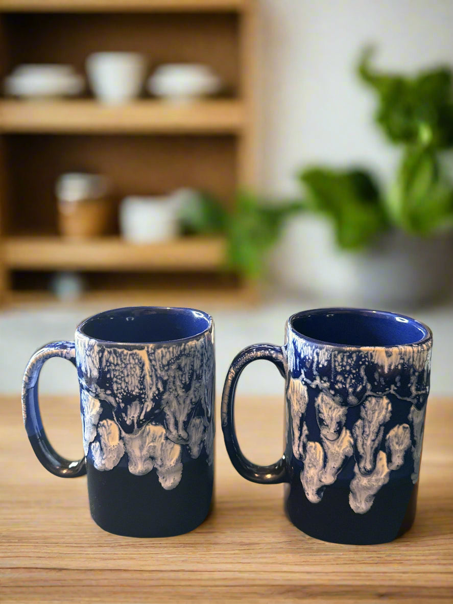 Pair of Todays Home Blue/White Drip Glaze Giant Coffee Cups Mugs 5" Tall Square