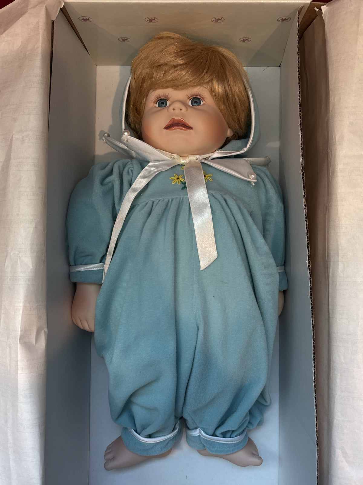 The Ashton-Drake Galleries Life Size Doll Blonde Hair Blue Romper New in Box 18" Tall