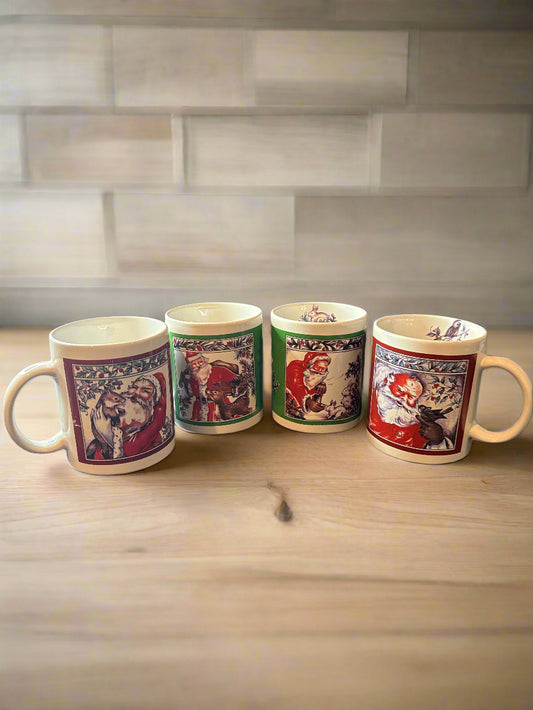 Set of 4 New in Box Santa's Friends Coffee Cups Mugs K.I.C. 3 7/8" Tall