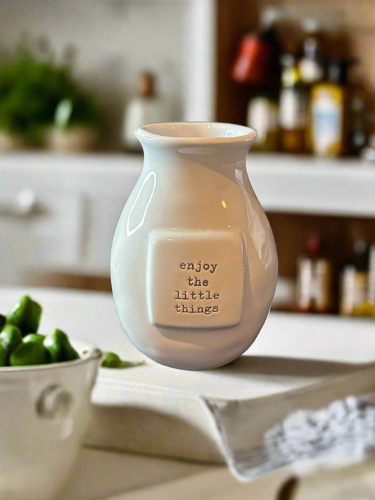 Mudpie Small Canister Bud Vase "Enjoy The Little Things" White 5.5" Tall