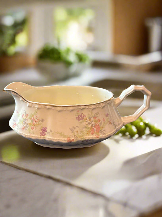 Crooksville China Co. Gravy Boat Vintage Floral Pattern With Gold Trim 8" Long