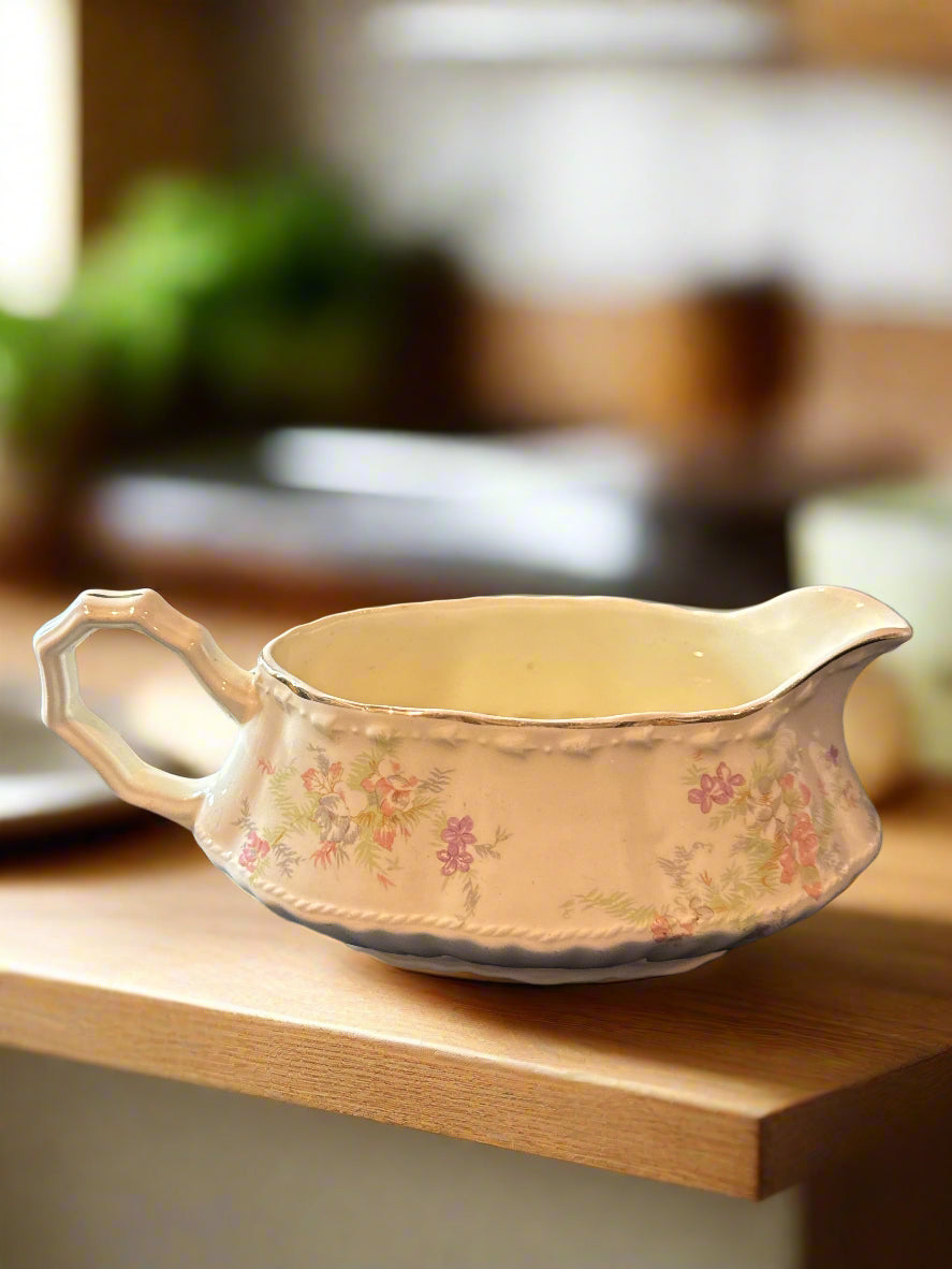 Crooksville China Co. Gravy Boat Vintage Floral Pattern With Gold Trim 8" Long