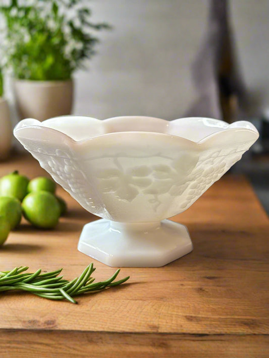White Milk Glass Octagon Fruit Bowl Centerpiece Pedestal Grape Flower Design 9" Wide 5.5" Tall