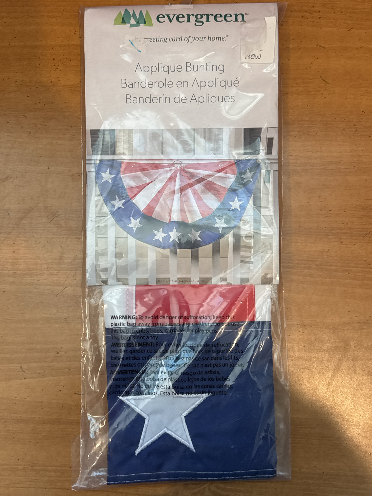 Evergreen Applique Bunting Patriotic Red White & Blue 16" x 60" New in Package