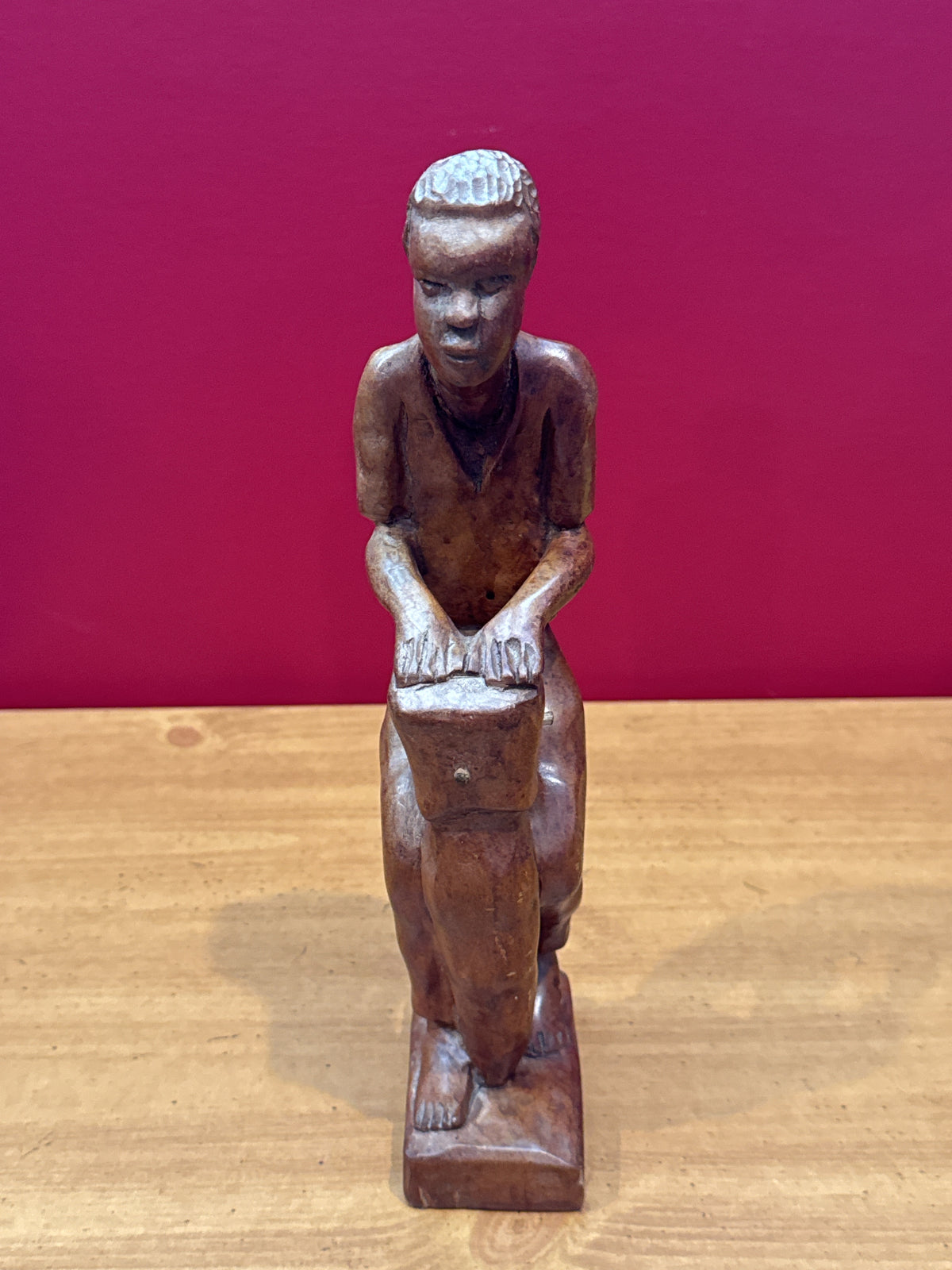 Vintage Folk Art Hand Carved Wood Man With Conga Drum African 12" Tall