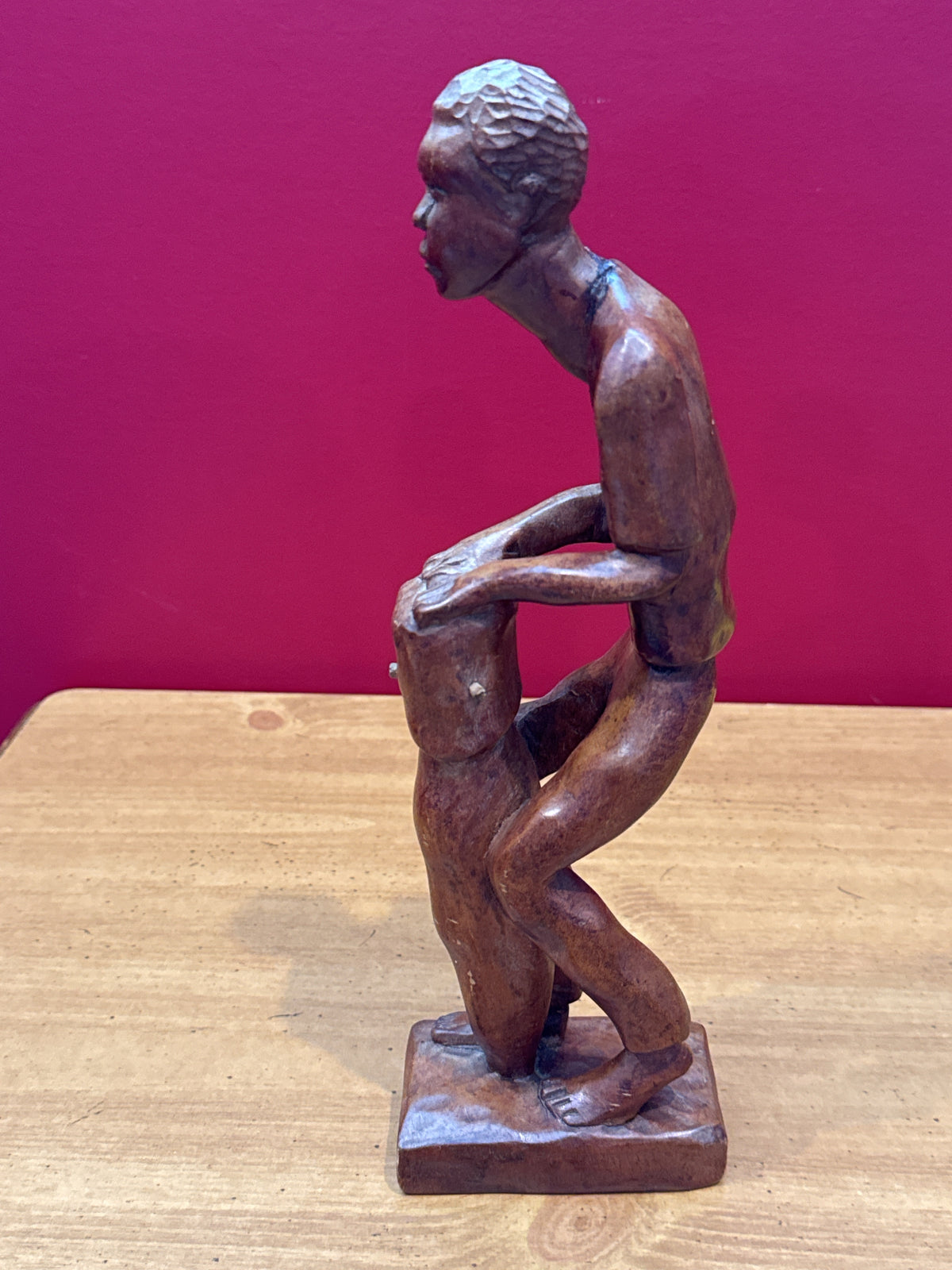 Vintage Folk Art Hand Carved Wood Man With Conga Drum African 12" Tall