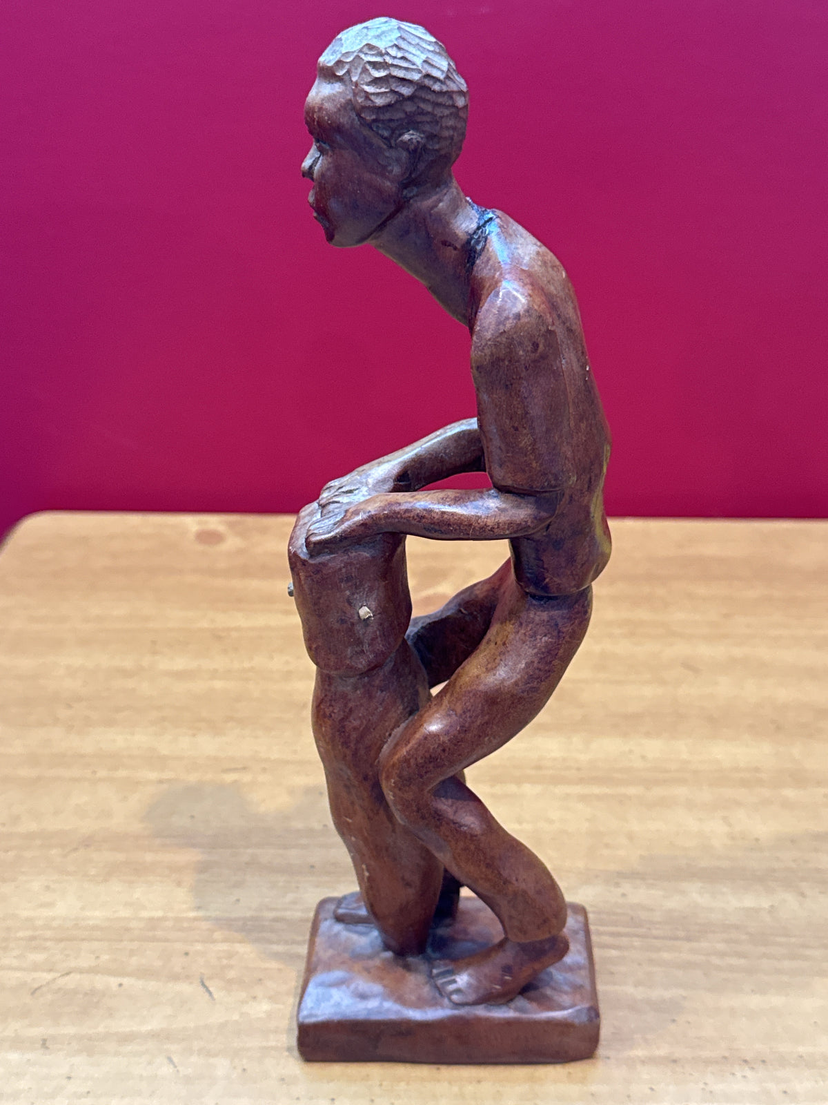 Vintage Folk Art Hand Carved Wood Man With Conga Drum African 12" Tall