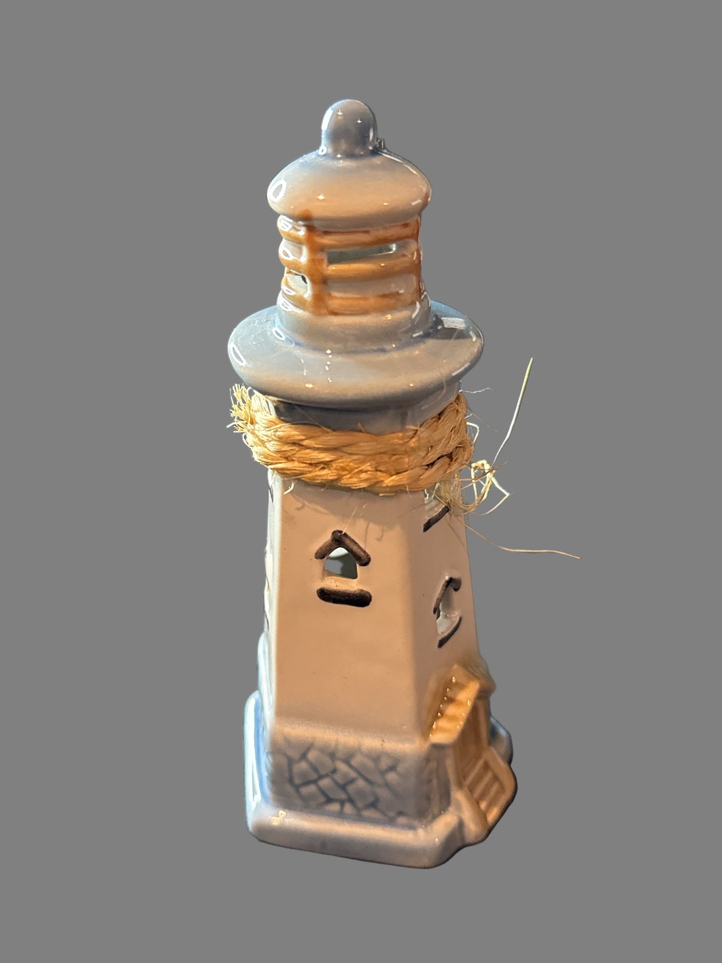 Ceramic Cream Lighthouse With Blue Accent Rope 5.5" Tall