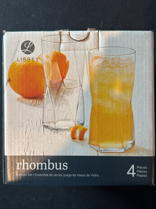 Libbey Rhombus 4-Pc Cooler Glass Set New In Box 15.7 ounce 6" Tall