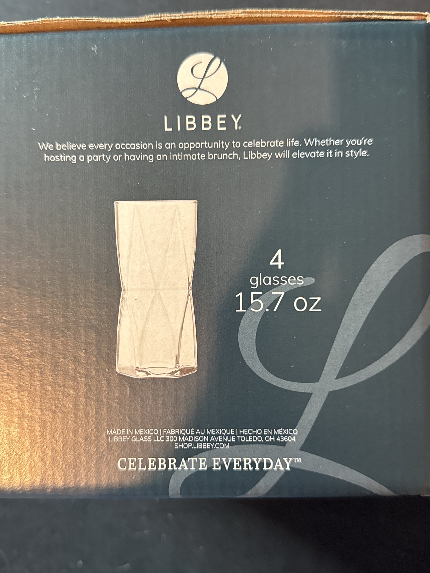 Libbey Rhombus 4-Pc Cooler Glass Set New In Box 15.7 ounce 6" Tall