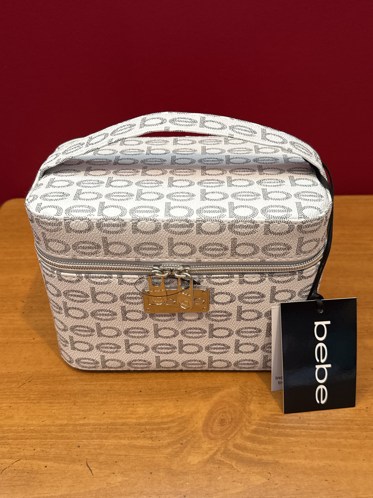 Bebe White & Grey Toiletry Makeup Bag With Bebe Pattern 8" x 5" x 5.5" New With Tags